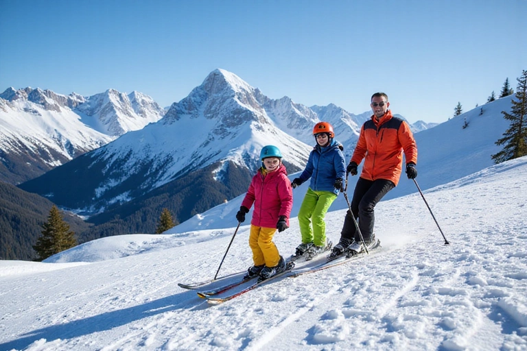 A family enjoying skiing together on a sunny mountain slope