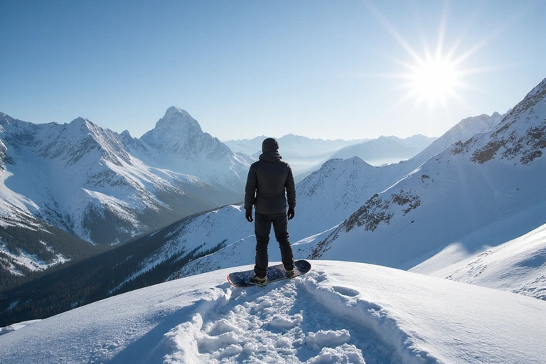 A solo snowboarder reaching the peak of a mountain, looking out at a vast winter panorama
