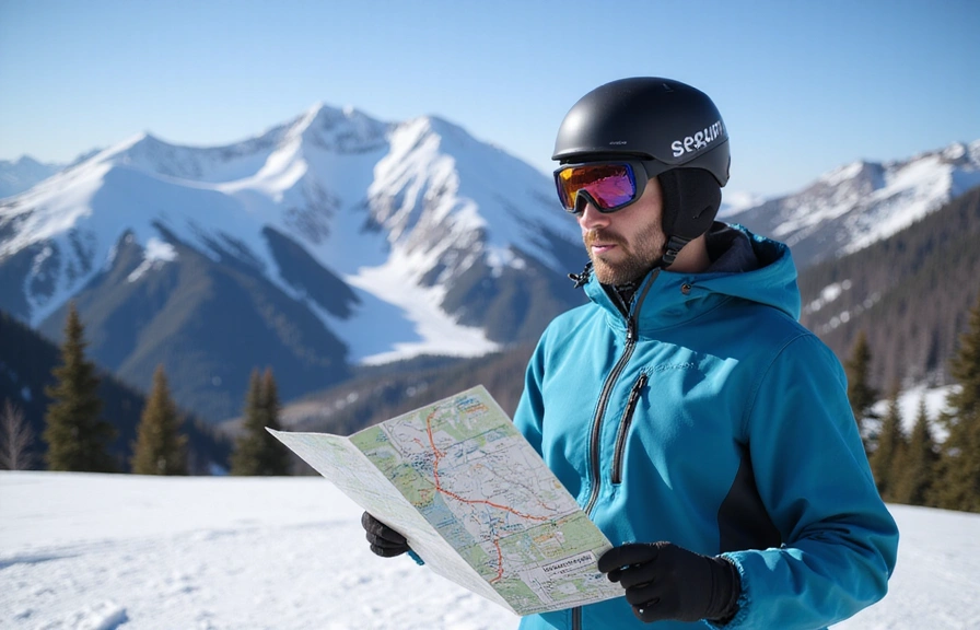 A skier checking a trail map against a backdrop of snowy mountains