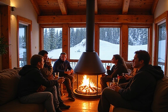 Cozy apres-ski scene at a mountain lodge with a roaring fireplace