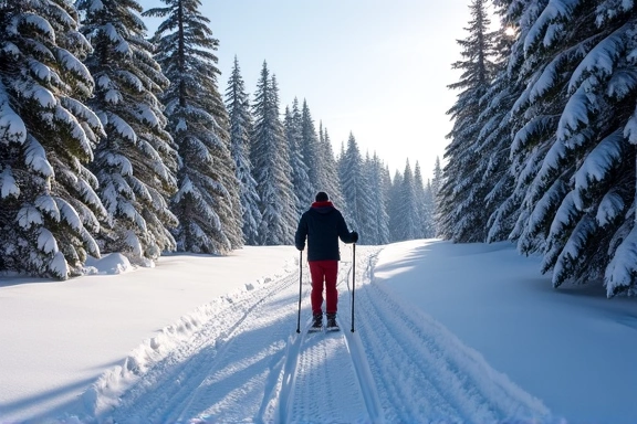 Cross-country skier on a groomed Nordic trail surrounded by snow-laden trees