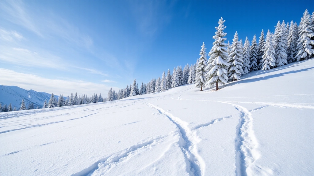 Fresh deep powder snow on a ski slope with a blue sky