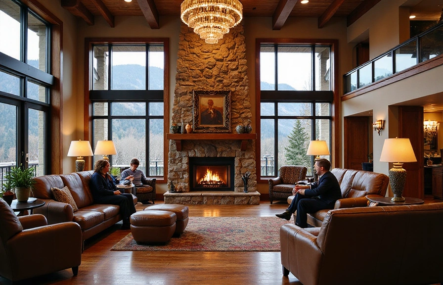 Luxurious hotel lobby in Aspen with a cozy fireplace and elegant decor