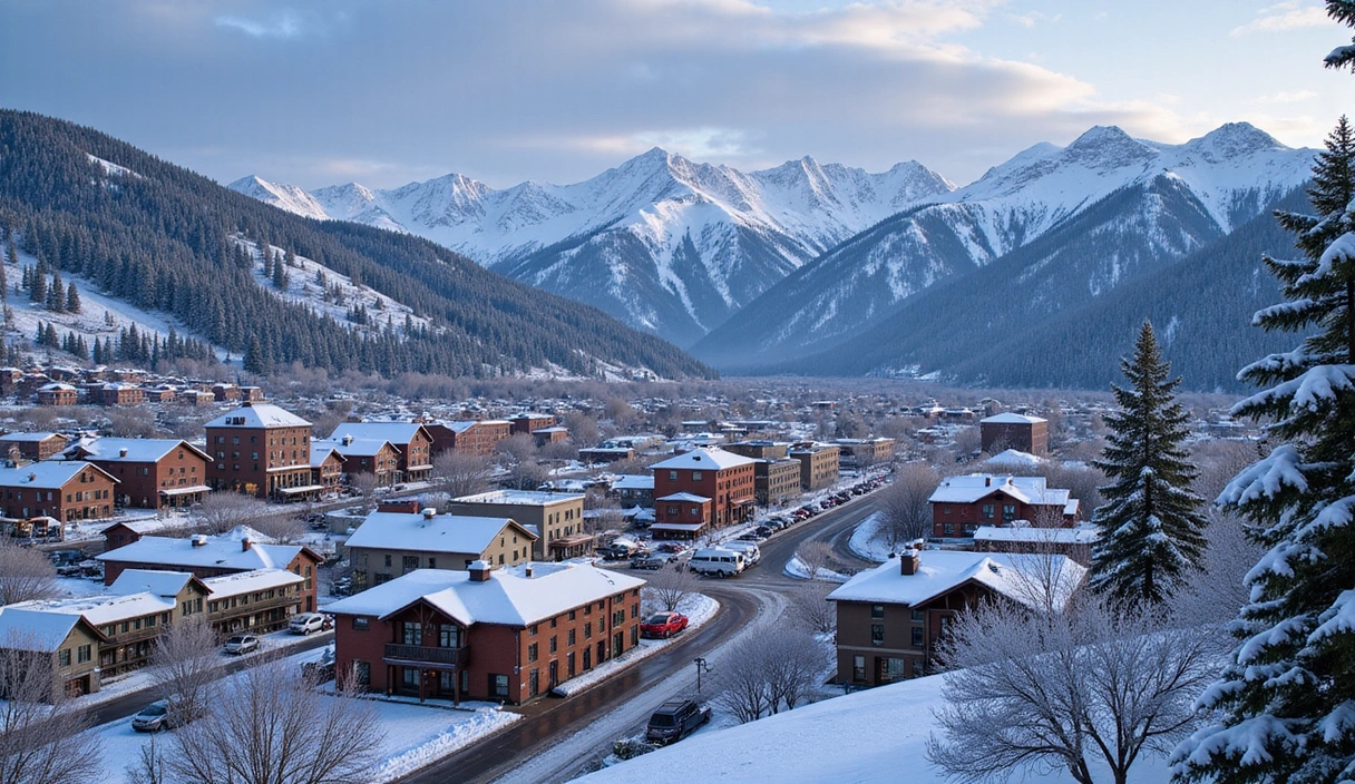 Panoramic view of Aspen town and surrounding snow-covered mountains