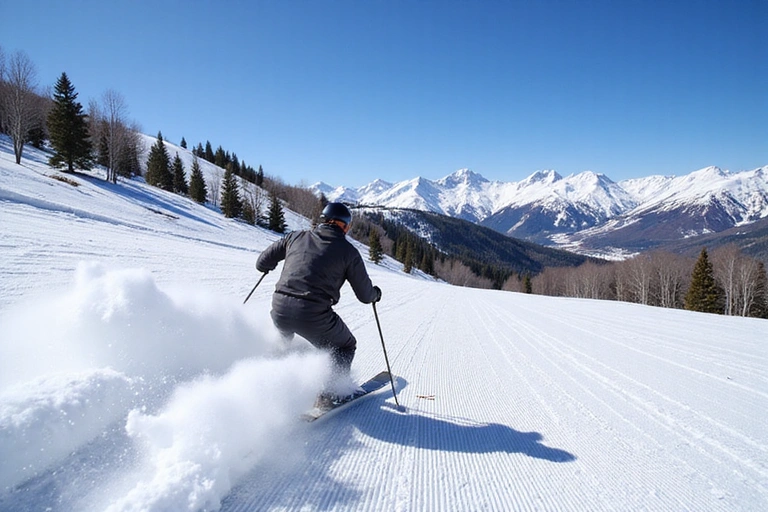 Skier speeding down a pristine, snow-covered slope at Aspen Snowmass