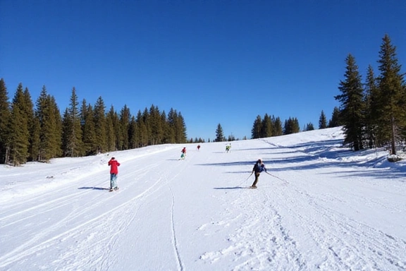 Skiers enjoying a sunny day on a wide groomed slope at Snowmass