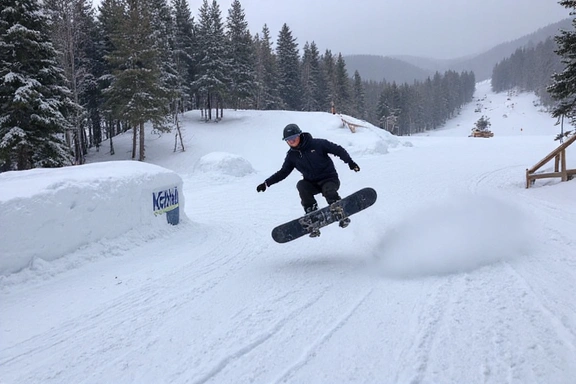Snowboarder catching air in a terrain park at Buttermilk Mountain