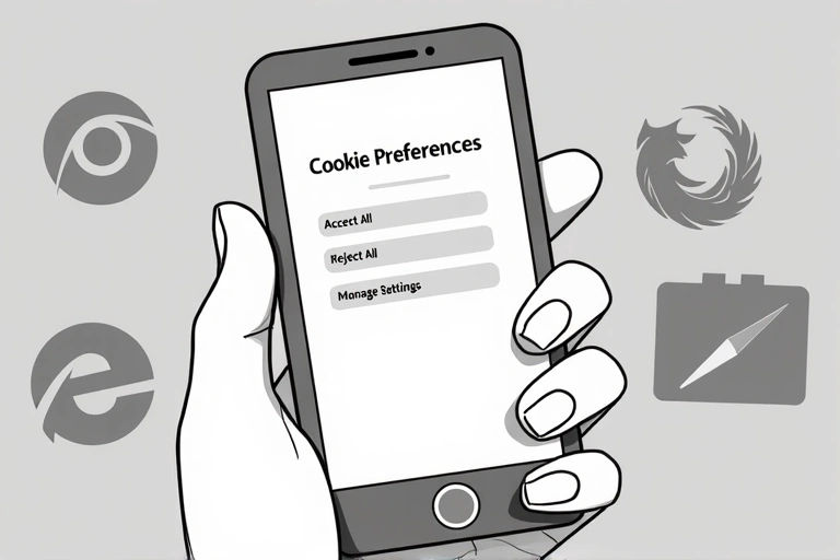 A hand holding a smartphone displaying cookie consent options, with various browser icons in the background, symbolizing user control over digital privacy.