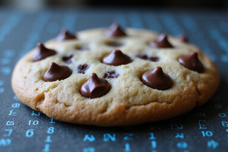 A close-up image of a cookie with binary code patterns, symbolizing digital data and privacy.
