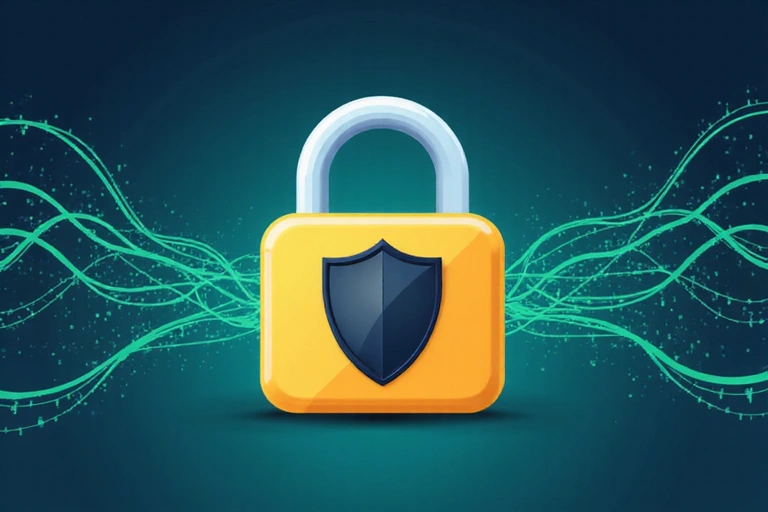 A stylized padlock icon with a shield, representing data privacy and protection, surrounded by abstract digital elements.