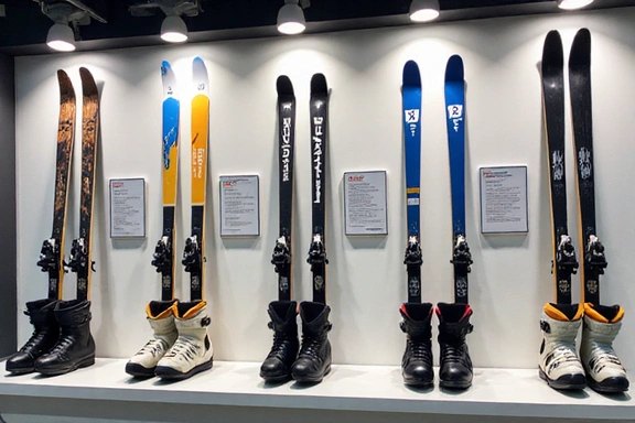 Collection of modern ski equipment from different brands