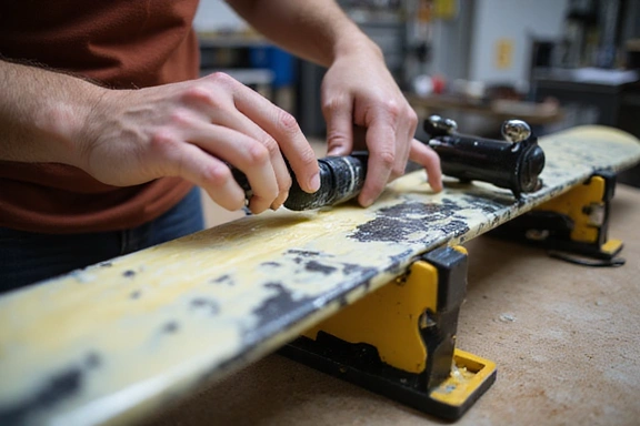 Person waxing a ski with an iron