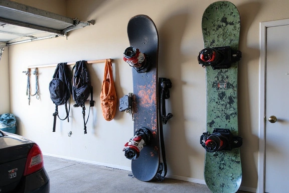 Snowboard stored upright in a garage