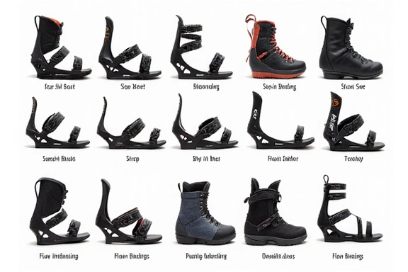 Various snowboard bindings attached to snowboards