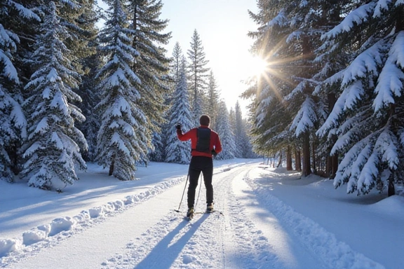 Cross-country skier in a serene winter forest