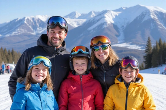 Family enjoying skiing together on a sunny day