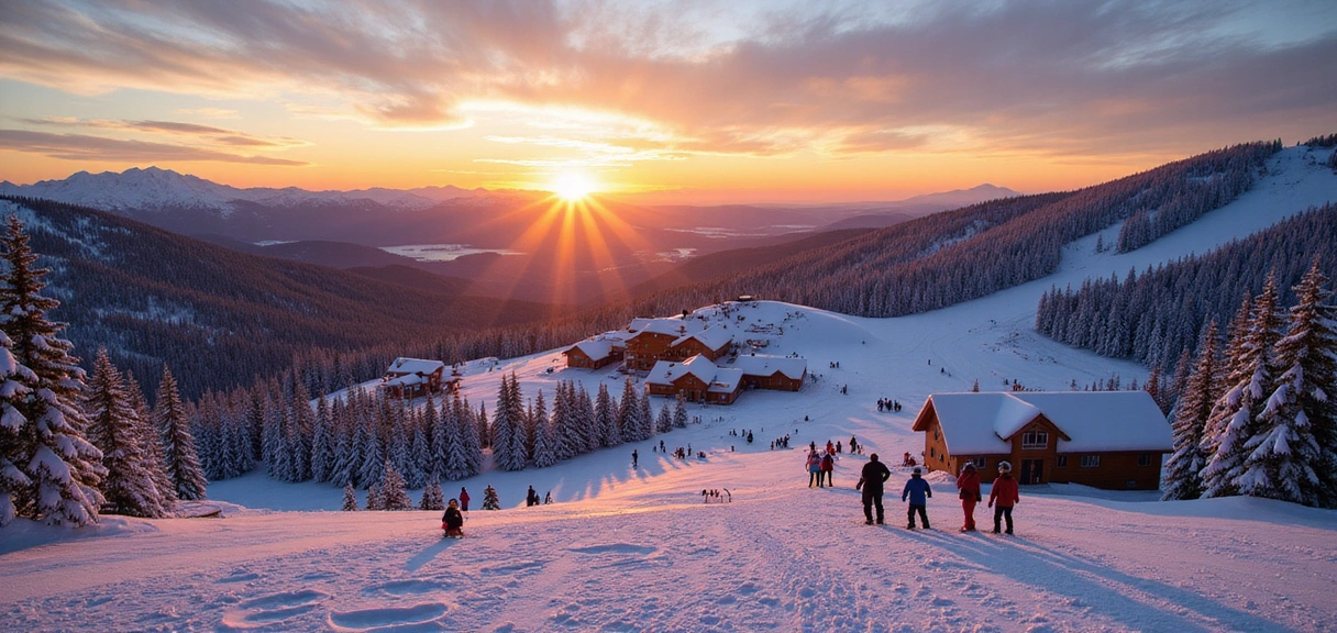 Panoramic view of a vibrant ski resort at sunset with many people enjoying various activities