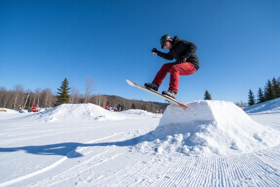 Snowboarder performing a trick in a snow park