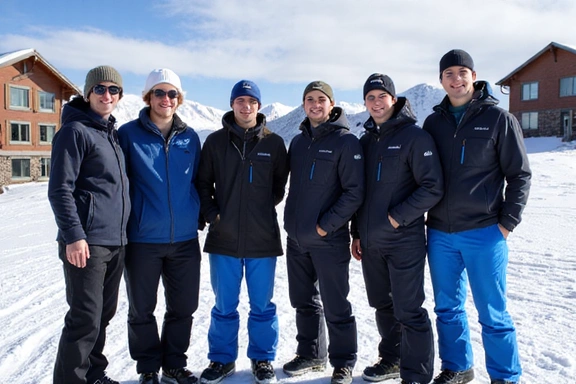 A group of certified ski and snowboard instructors wearing their uniforms, standing together on a snowy mountain.