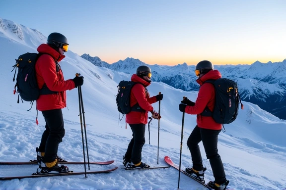 A group of backcountry skiers performing avalanche safety checks with transceivers in a snowy, mountainous area.