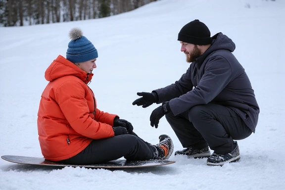 A beginner snowboarder sitting on the snow, receiving instructions from an instructor on a gentle slope.
