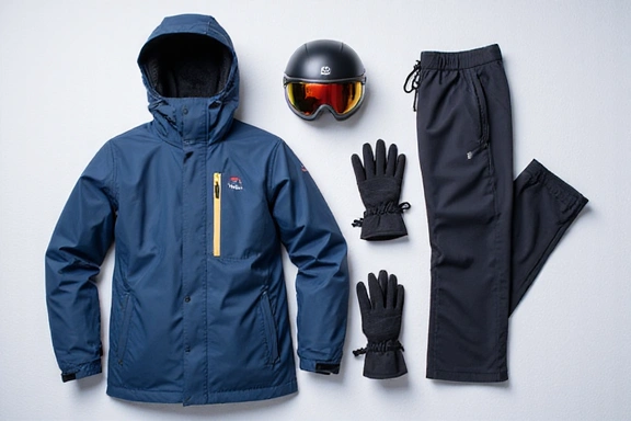 A neatly arranged display of essential winter sports gear, including a helmet, goggles, gloves, and warm layers.