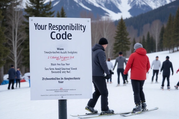 A sign displaying the 'Your Responsibility Code' at a ski resort, with skiers and snowboarders in the background.