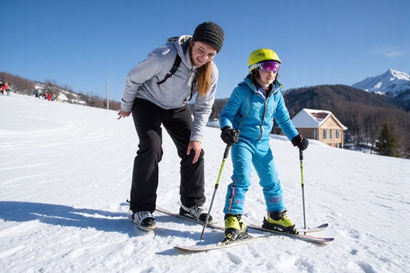A ski instructor patiently teaching a child how to stand up on skis on a gentle slope.