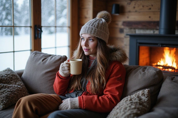 A person dressed in warm winter clothing, sipping hot tea while sitting in a cozy, snowy mountain lodge.
