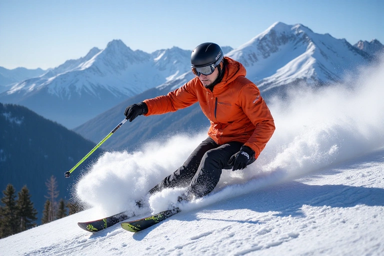 A skier executing a perfect carve turn on a steep, groomed slope, leaving a clean line in the snow.