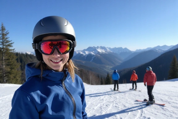 A person in full ski gear, smiling and standing at the top of a gentle ski slope, ready to begin their first lesson.