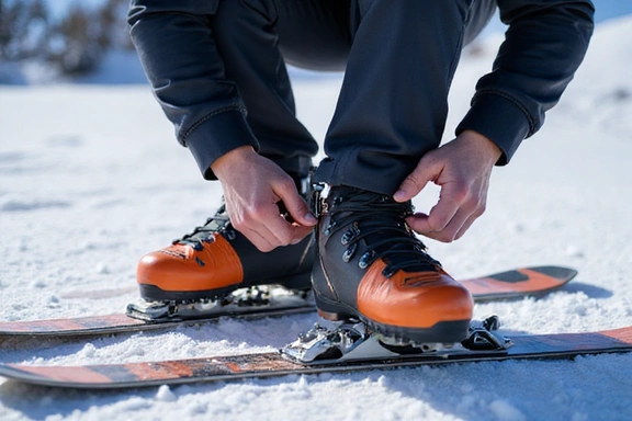 Close-up of a person checking the bindings of their ski boots before heading out on the slopes.
