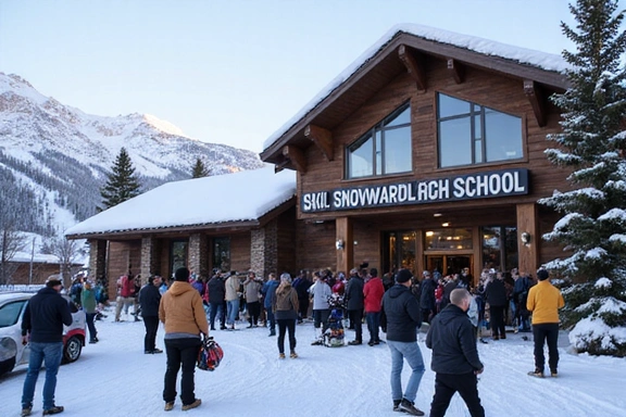 The entrance to a bustling ski and snowboard school at a popular mountain resort, with people signing up for lessons.