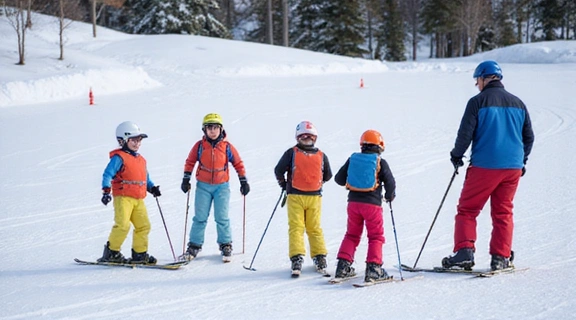 A group of children in colorful snowsuits learning to ski with an instructor on a gentle slope, with bright flags marking the course.