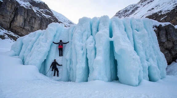A lone ice climber ascending a frozen waterfall, showcasing extreme focus and strength in a pristine winter landscape.