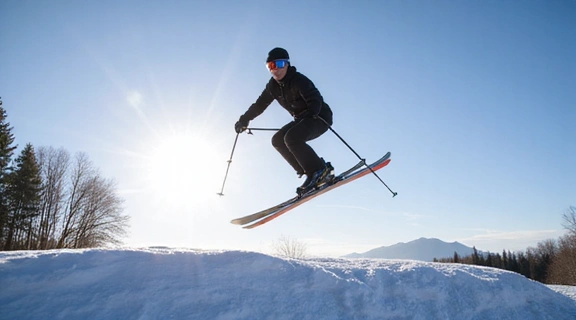 A professional ski jumper mid-flight, perfectly silhouetted against a bright winter sky.