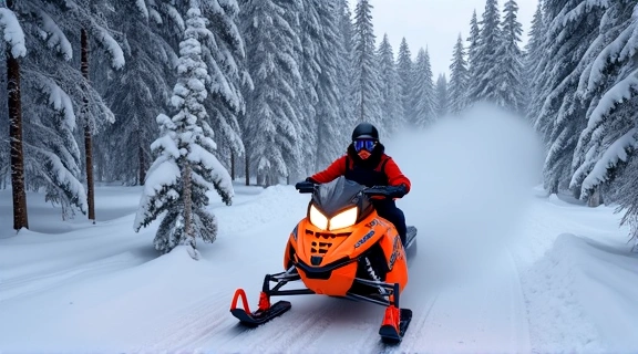 A brightly colored snowmobile racing through a snowy, forested track, kicking up a plume of snow.