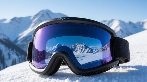 A sleek, modern pair of smart ski goggles displaying real-time data on the lens, with a snowy mountain background.