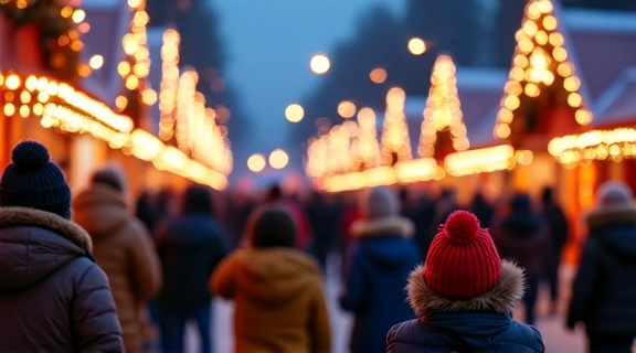 A diverse crowd of people bundled in winter clothing, enjoying a festive outdoor winter carnival with lights and decorations.