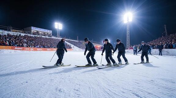 A group of highly skilled freestyle skiers performing synchronized jumps and tricks in a brightly lit stadium.