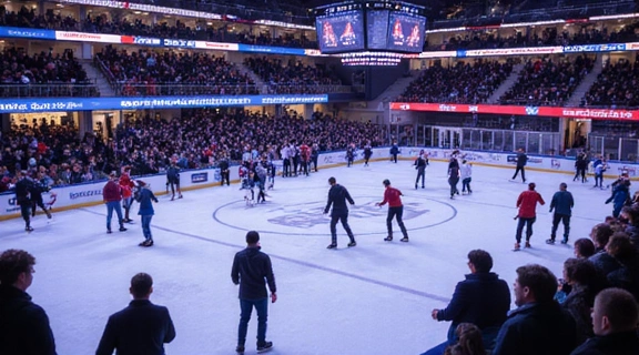 A vibrant, well-lit ice skating rink crowded with people enjoying themselves, some performing graceful moves.