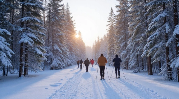 A group of cross-country skiers gliding through a serene, snow-covered forest trail, illuminated by soft morning light.