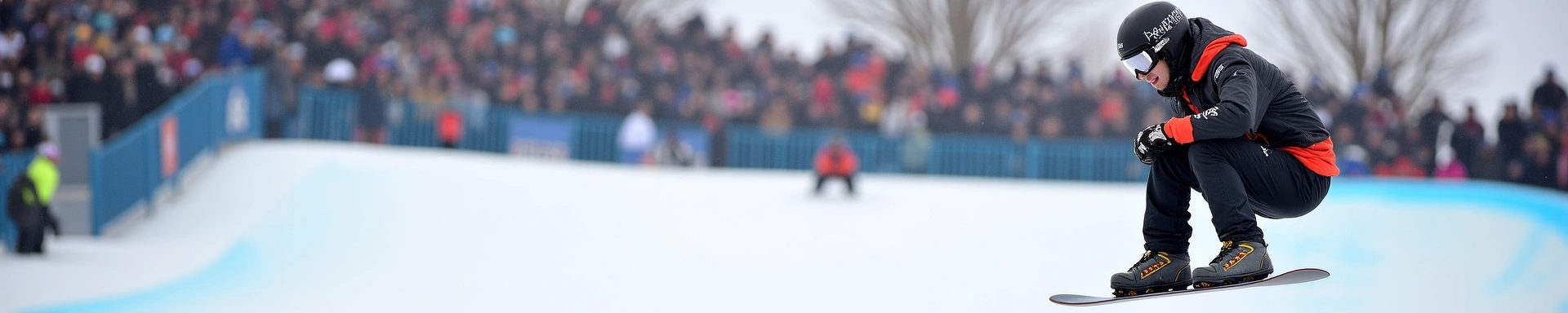 Dynamic shot of a snowboarder mid-air during a competition with a crowd in the background, capturing the excitement of a winter sports event.