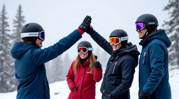 Group of snowboarders and skiers celebrating at a mountain resort, high-fiving and smiling.