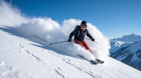 Skier making a sharp turn on a snowy mountain, kicking up powder, under a clear blue sky.
