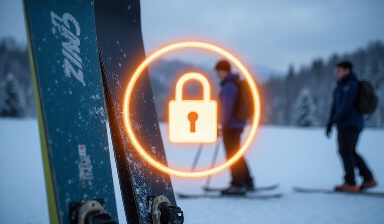 A secure digital lock icon over a background of winter sports equipment, symbolizing data protection