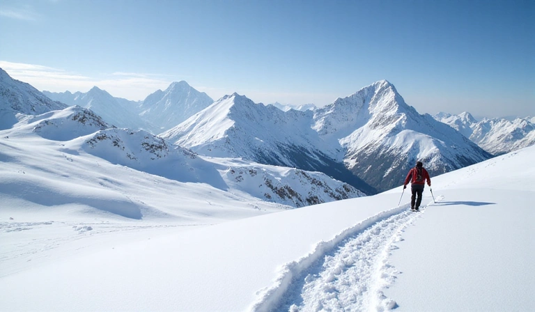 A snowy mountain landscape with a skier in the foreground, representing privacy and data security in winter sports