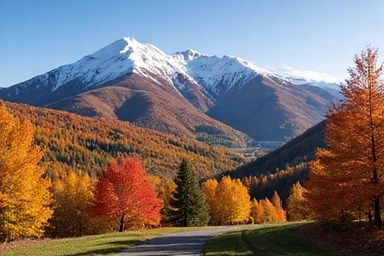 A picturesque view of a Vermont ski resort in autumn with vibrant foliage and early snow on the peaks.