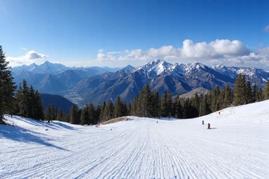 A panoramic view of a Colorado ski resort with skiers on the slopes and majestic mountain ranges in the background.