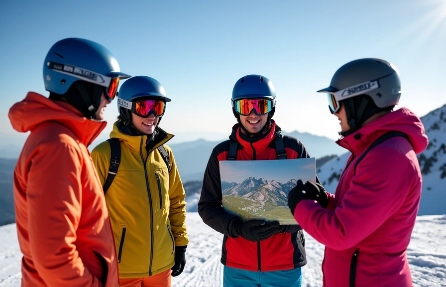 A group of skiers wearing helmets and brightly colored jackets, discussing safety tips at the top of a mountain, with a resort map visible.